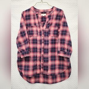 Knox Rose XL Pink & Navy Blue Plaid Flannel V-Neck Button-Up Shirt Like New